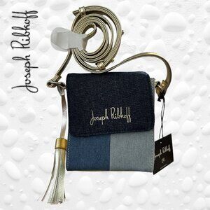 Joseph Ribkoff patchwork denim & metallic gold crossbody tassel mini purse. NWT